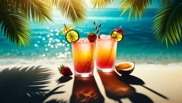 two tropical cocktails on a sunny beach under palm trees against the background of the ocean.
