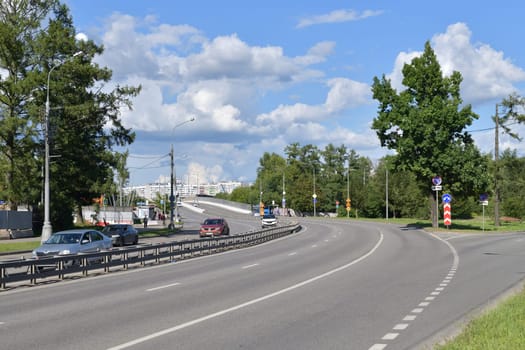 Moscow, Russia - July 30. 2023. Traffic on Panfilovsky Avenue in the Zelenograd