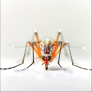 A macro photography shot of a mosquito, a common pest and parasite, resting on a white surface. This insect, an invertebrate arthropod, showcases its intricate symmetry