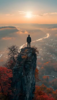 A man stands on a cliff admiring the city below at sunset. The serene atmosphere, colorful sky, and distant horizon create a beautiful natural landscape