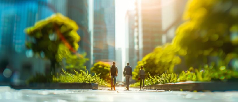 Urban professionals walk along a sun-drenched greenway between vibrant foliage, under the soft focus of a bustling cityscape