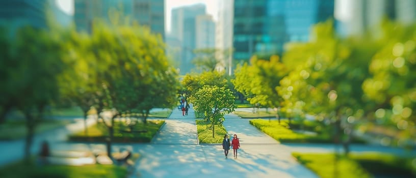 A bustling city greenway captures a daily slice of urban life, with a tilt-shift effect creating a charming miniature scene