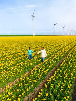 Men and women in a spring flower field seen from above with a drone in the Netherlands, Tulip fields in the Netherlands Noordoostpolder during Spring, diverse couple in spring flower field