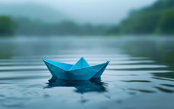 Mist hovers over the water where a blue origami boat floats, evoking a sense of mystery and calm
