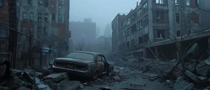 A forlorn scene showcasing an abandoned vehicle amidst a devastated urban landscape, under a gloomy, overcast sky