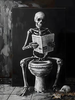 An illustration of a skeleton sitting on a pedestal toilet, reading a newspaper. This monochrome still life photography captures a unique visual arts concept