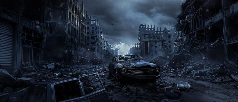 Rain falls on a desolate urban environment, with a classic car and ravaged buildings under a dark, stormy sky