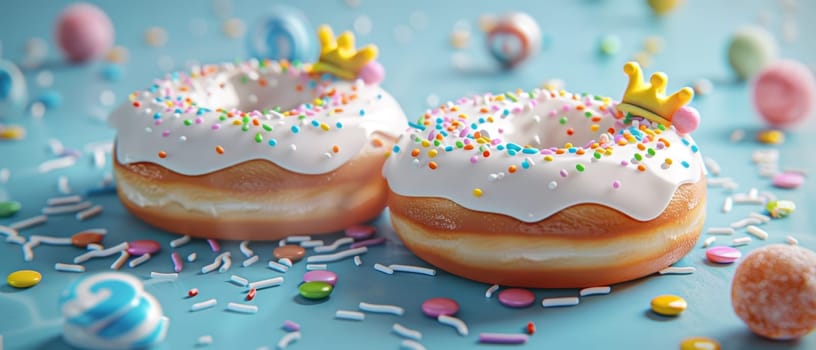 Twin frosted donuts adorned with colorful sprinkles and playful crowns, surrounded by candy treats on a cool blue backdrop