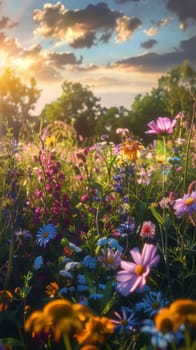 The captivating sight of blossoming wildflowers under a majestic sunset sky, evoking a sense of wonder and tranquility