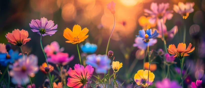 A picturesque scene of colorful wildflowers highlighted by the soft, warm light of the sun setting in the background