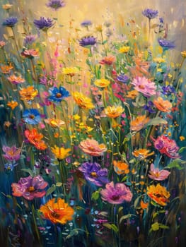 An artistic depiction of a flower field, rich with texture and a vivid palette, evokes a sense of abstract beauty