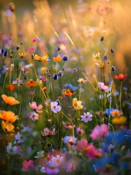 The last rays of the setting sun gently illuminate a field of wildflowers, highlighting their softness against the dusk sky