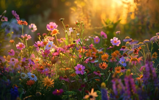 The evenings golden glow brings out the rich colors of wildflowers, creating a tapestry of pink and orange hues