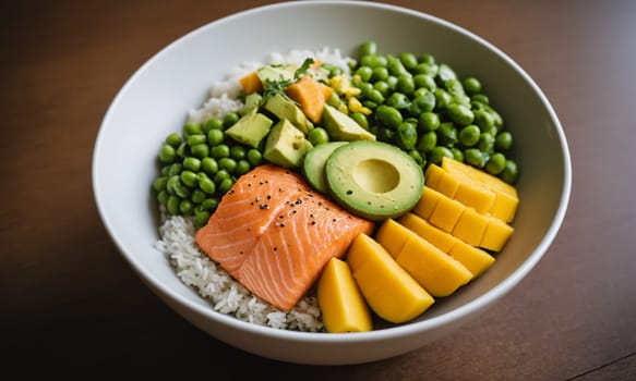 Colorful poke bowl with rice, salmon, avocado, cucumber, mango, and edamame in an elegant bowl.