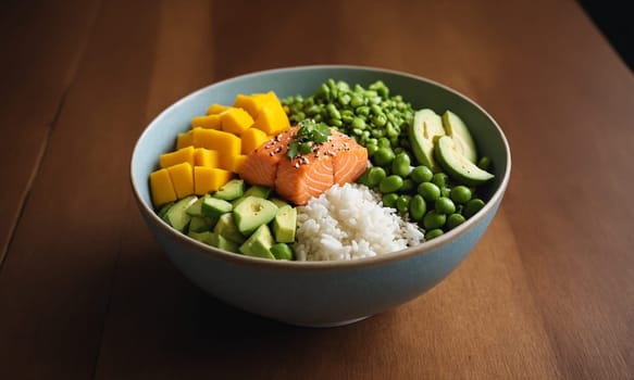 Colorful poke bowl with rice, salmon, avocado, cucumber, mango, and edamame in an elegant bowl.