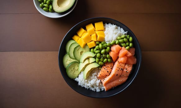 Colorful poke bowl with rice, salmon, avocado, cucumber, mango, and edamame in an elegant bowl.