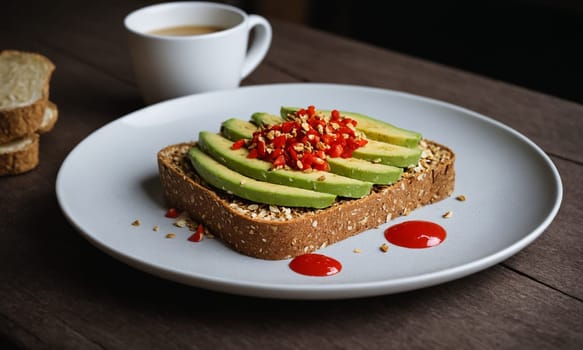 Stylized photograph of avocado toast on toasted rye bread, topped with sesame seeds, chopped red pepper, and a drizzle of olive oil. Served on a ceramic plate with a modern coffee cup