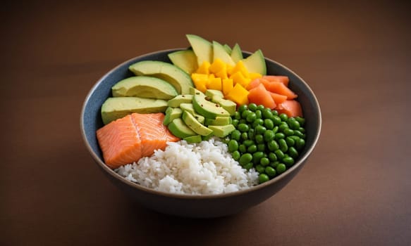 Colorful poke bowl with rice, salmon, avocado, cucumber, mango, and edamame in an elegant bowl.