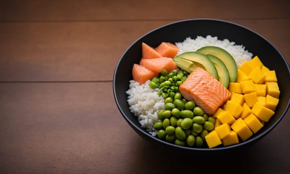 Colorful poke bowl with rice, salmon, avocado, cucumber, mango, and edamame in an elegant bowl.