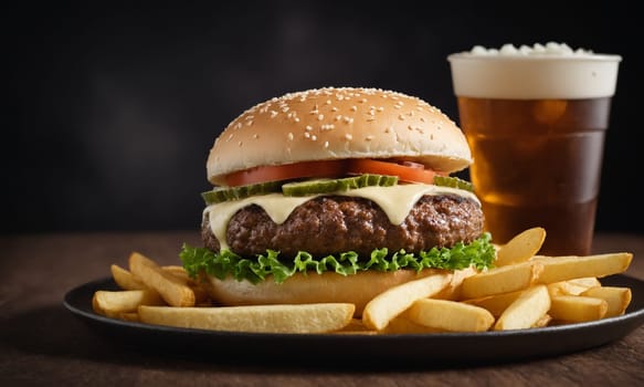 Commercial photo of a delicious hamburger with crispy chips on the side.