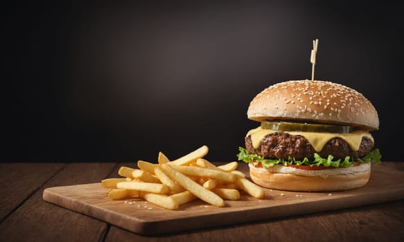 Commercial photo of a delicious hamburger with crispy chips on the side.