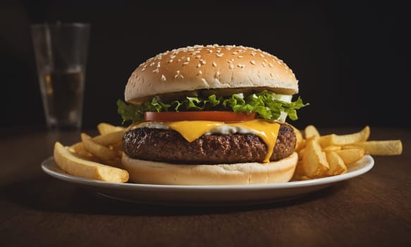 Commercial photo of a delicious hamburger with crispy chips on the side.