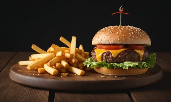 Gourmet burger on a brioche bun with cheddar, lettuce, tomato, onions, and rustic fries.