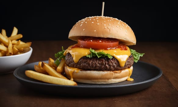 Gourmet burger on a brioche bun with cheddar, lettuce, tomato, onions, and rustic fries.