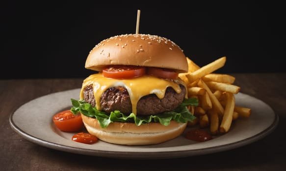 Gourmet burger on a brioche bun with cheddar, lettuce, tomato, onions, and rustic fries.