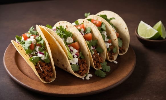 Vibrant photo of Mexican tacos with tender meat, fresh salsa, cilantro, and lime slices, served in crispy tortilla shells