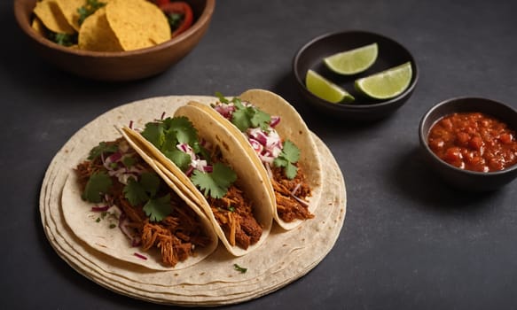 Vibrant photo of Mexican tacos with tender meat, fresh salsa, cilantro, and lime slices, served in crispy tortilla shells