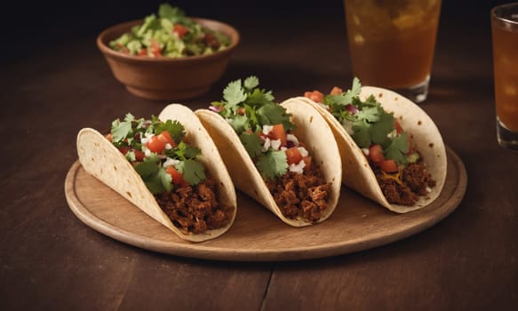 Vibrant photo of Mexican tacos with tender meat, fresh salsa, cilantro, and lime slices, served in crispy tortilla shells