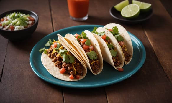 Vibrant photo of Mexican tacos with tender meat, fresh salsa, cilantro, and lime slices, served in crispy tortilla shells