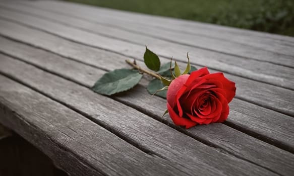 A photo of a single red rose lies gently on a weathered wooden bench, its velvety petals spread wide against the aged grain of the wood