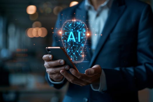Businessman using chatbot in smartphone intelligence Ai, Chat with AI Artificial Intelligence