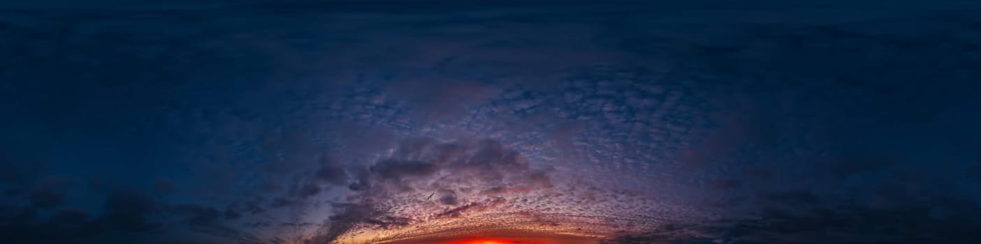 Bright sunset sky panorama with Cirrus clouds. Seamless hdr spherical equirectangular 360 panorama. Sky dome or zenith for 3D visualization, game and sky replacement for aerial drone 360 panoramas.