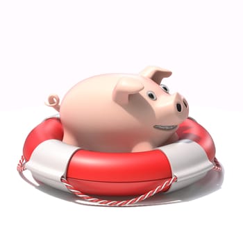 Lifebuoy with pig bank 3D rendering illustration isolated on white background