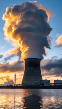 The nuclear power plants cooling towers emit steam into the sky at sunset, creating a dramatic display of light and clouds in the atmosphere