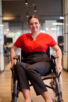 A modern young businesswoman in a wheelchair is surrounded by an inclusive workspace with glass-walled offices, embodying determination and innovation in the business world.