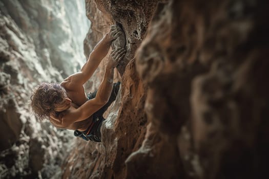 a climber climbs a mountain holding onto the ledges with his hands. Top view