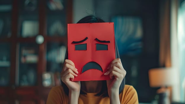 A woman is making a sorrowful gesture, holding a red paper with a sad face art in front of her face. The paper symbolizes emotions, possibly at a religious event