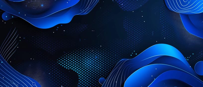 A wide abstract design featuring deep blue waves and dots, evoking a sense of cosmic fluidity across a digital expanse