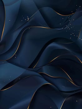 Smooth blue folds with golden highlights create an abstract visual of elegance and luxury on a dark background