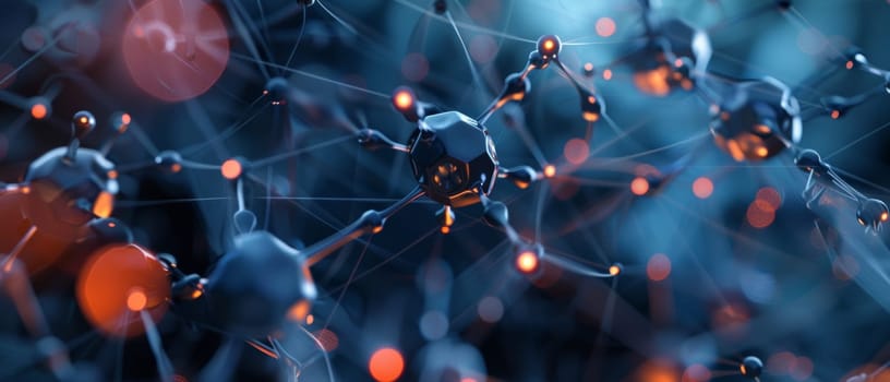 A digital render of a complex molecular network with radiant orange nodes symbolizing interconnected data points