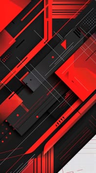 Dynamic red geometric elements surge across a black technological backdrop, creating an abstract, futuristic pattern. Black white red abstract geometric presentation