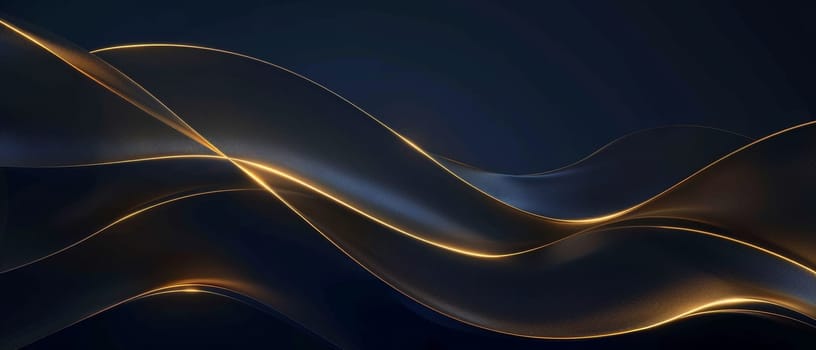 Deep blue waves caress golden streaks, creating a serene, high-resolution abstract image with a sense of luxury and fluidity. Blue gold abstract wave lines background