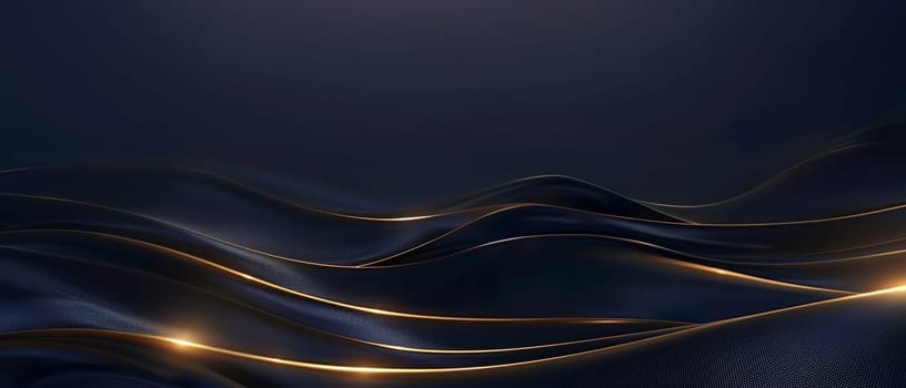 A high-resolution abstract image where waves of midnight blue are elegantly accented with a subtle golden glaze. Blue gold abstract wave lines background