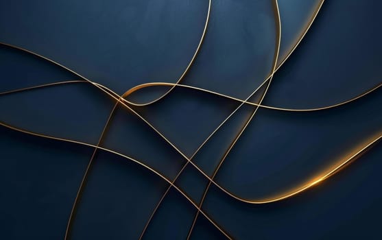 A contemporary design with fluid golden curves overlaying a dark blue backdrop, ideal for modern decor themes. Blue gold abstract wave lines background