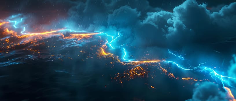 A panoramic vista of a turbulent sea storm, with vivid lightning illuminating fiery lines across dark, ominous waters. 3d rendering colored lightning strike