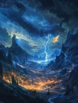 Lightning etches the sky in a twilight turmoil over a forsaken, flame-lit landscape. 3d rendering colored lightning strike